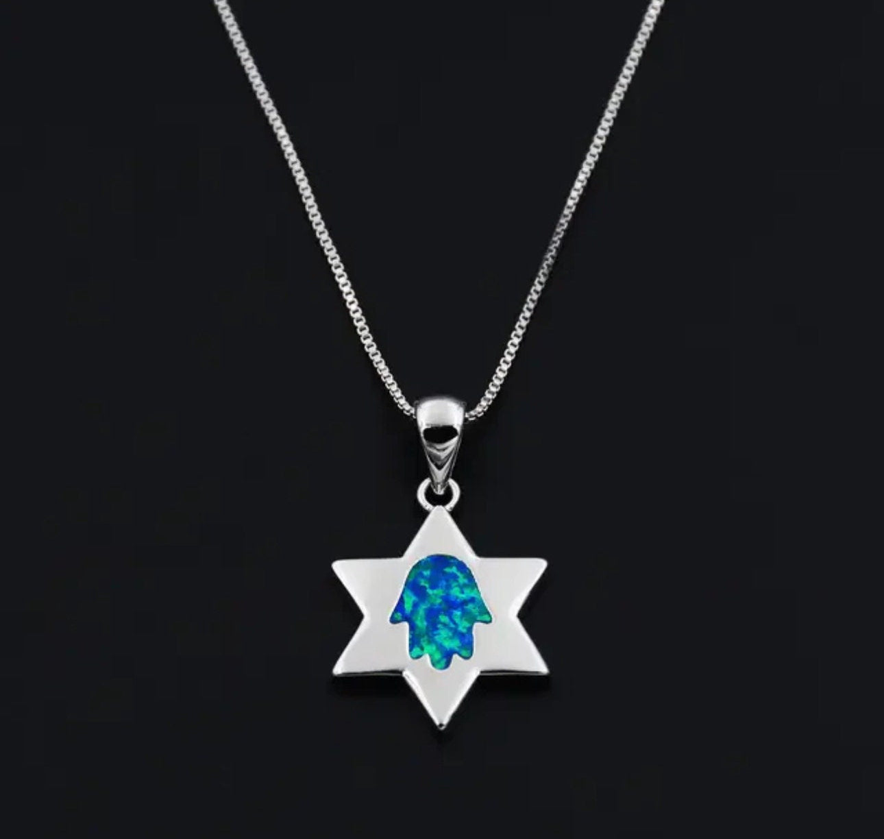 Blue Magen David Hamsa Fire Opal Stone Necklace Star of David