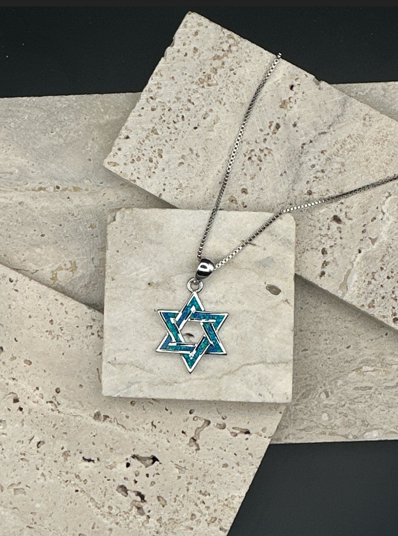 Blue Magen David Fire Opal Stone Necklace Star of David