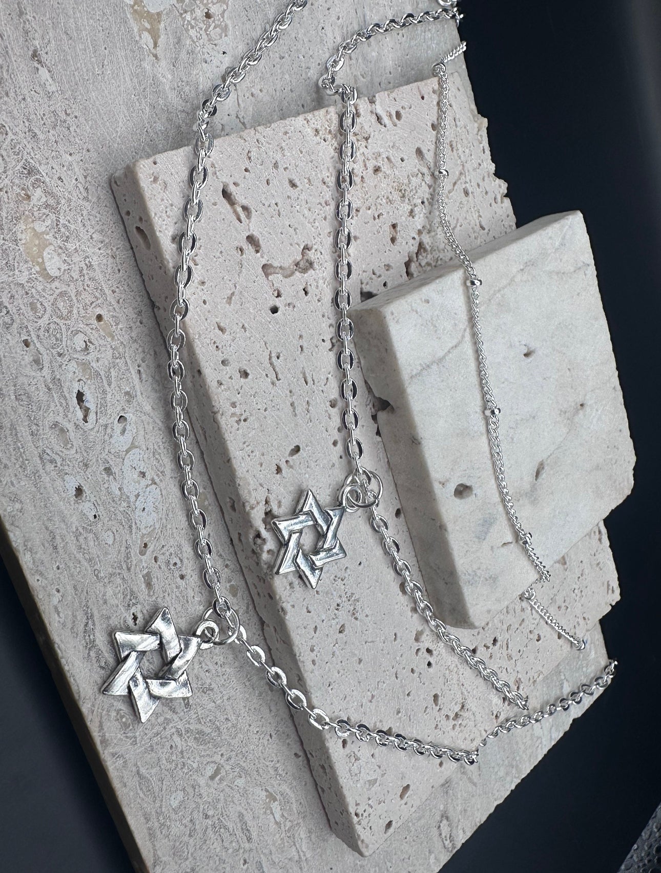 Triple Layer Silver Magen David Star of David Pendants Necklace