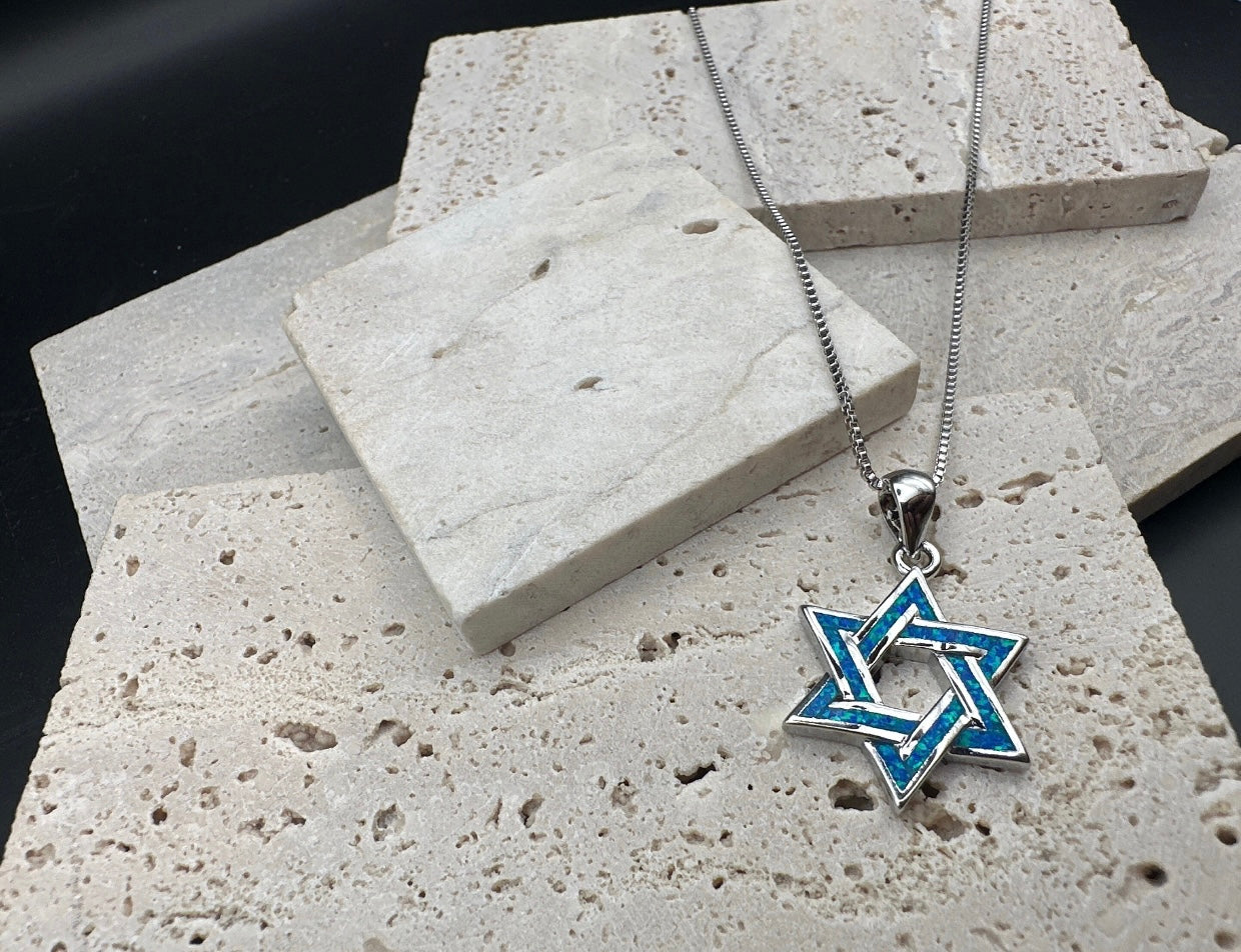 Blue Magen David Fire Opal Stone Necklace Star of David