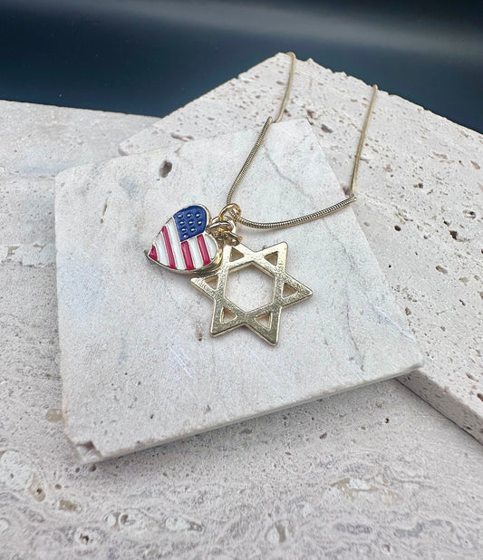 Gold Magen David Star of David and American Flag Heart Charm Necklace , 13.8’ 35cm 0.9mm Chain