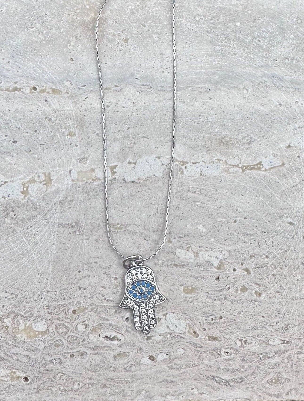 Silver Diamond Hamsa Charm Necklace Choker , 14’ Chain