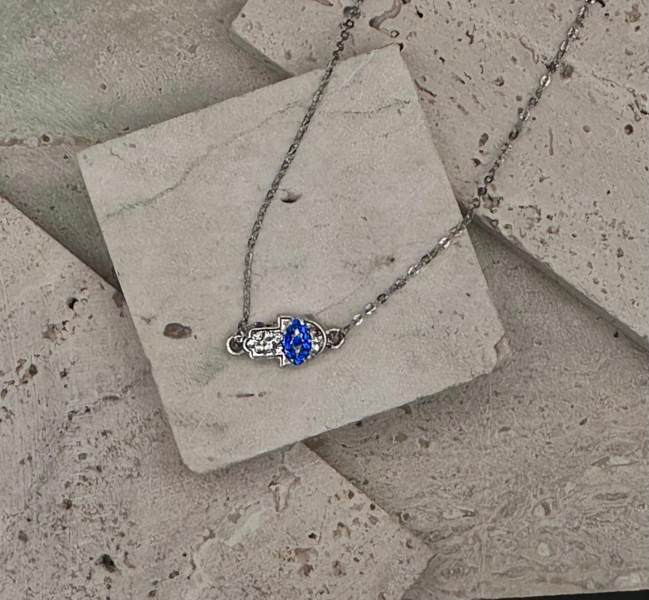 Silver Diamond Hamsa Necklace / Choker , length adjustable chain